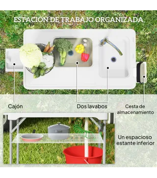 Mesa Plegable para Camping con 2 Fregaderos Manguera de Drenaje Estación de Limpieza y Grifo Blanco