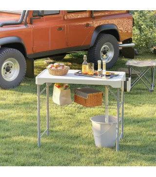Mesa Plegable para Camping con 2 Fregaderos Manguera de Drenaje Estación de Limpieza y Grifo Blanco