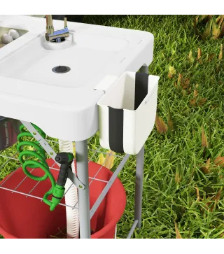 Mesa Plegable para Camping con 2 Fregaderos Manguera de Drenaje Estación de Limpieza y Grifo Blanco