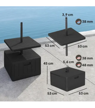 Base para Sombrilla Exterior 3 en 1 Mesa Auxiliar Ajustable Macetero Soporte de Parasol Rellenable Arena 80 kg Negro