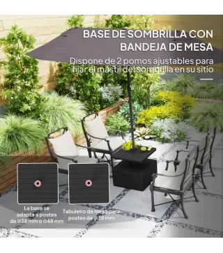 Base para Sombrilla Exterior 3 en 1 Mesa Auxiliar Ajustable Macetero Soporte de Parasol Rellenable Arena 80 kg Negro