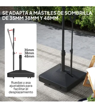 Base para Sombrilla Cuadrada con Ruedas y Asa Rellenable con Agua o Arena Soporte de HDPE 60x60x104 cm Negro