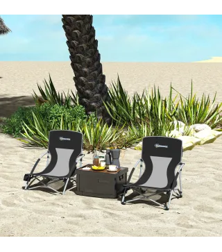 Conjunto de 2 Sillas de Playa Plegables y Ligeras con Respaldo de Malla Reposabrazos y Bolsa 58x55x62 cm Negro
