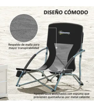 Conjunto de 2 Sillas de Playa Plegables y Ligeras con Respaldo de Malla Reposabrazos y Bolsa 58x55x62 cm Negro
