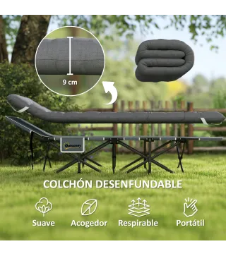 Cama de Camping Plegable con Colchón Extraíble Reposacabezas y Bolsa de Transporte 196x68x37 cm Gris Oscuro