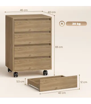 Cajonera de Oficina con 4 Cajones Cajonera de Escritorio con Ruedas para Estudio 46x40x65 cm Marrón