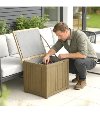 Arcón Exterior de Madera 130L Baúl Almacenaje Exterior con Forro Tapa con Bisagras y Correa 63x51x58,5 cm Marrón