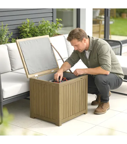 Arcón Exterior de Madera 130L Baúl Almacenaje Exterior con Forro Tapa con Bisagras y Correa 63x51x58,5 cm Marrón