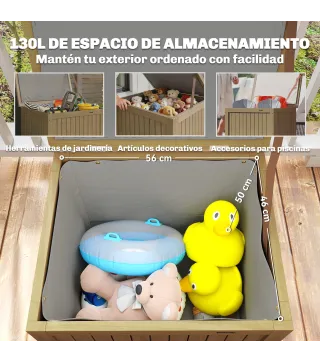 Arcón Exterior de Madera 130L Baúl Almacenaje Exterior con Forro Tapa con Bisagras y Correa 63x51x58,5 cm Marrón