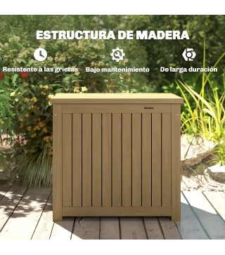 Arcón Exterior de Madera 130L Baúl Almacenaje Exterior con Forro Tapa con Bisagras y Correa 63x51x58,5 cm Marrón