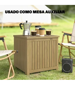 Arcón Exterior de Madera 130L Baúl Almacenaje Exterior con Forro Tapa con Bisagras y Correa 63x51x58,5 cm Marrón