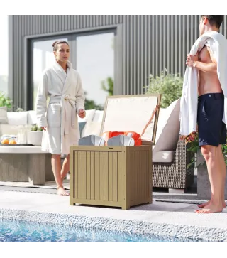 Arcón Exterior de Madera 130L Baúl Almacenaje Exterior con Forro Tapa con Bisagras y Correa 63x51x58,5 cm Marrón