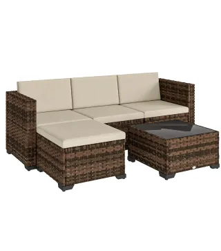 Conjunto de Jardín Exterior de Ratán 5 Piezas con Cojines 2 Sillones de Esquina Sillón sin Brazos Reposapiés y Mesa