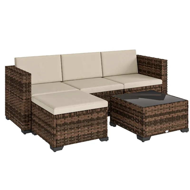 Conjunto de Jardín Exterior de Ratán 5 Piezas con Cojines 2 Sillones de Esquina Sillón sin Brazos Reposapiés y Mesa