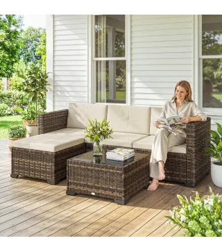 Conjunto de Jardín Exterior de Ratán 5 Piezas con Cojines 2 Sillones de Esquina Sillón sin Brazos Reposapiés y Mesa