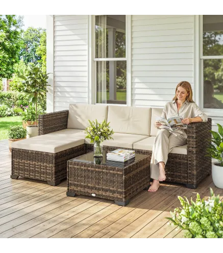 Conjunto de Jardín Exterior de Ratán 5 Piezas con Cojines 2 Sillones de Esquina Sillón sin Brazos Reposapiés y Mesa