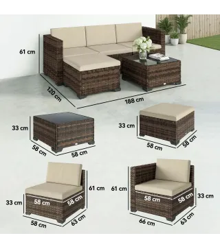 Conjunto de Jardín Exterior de Ratán 5 Piezas con Cojines 2 Sillones de Esquina Sillón sin Brazos Reposapiés y Mesa