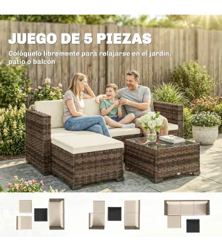Conjunto de Jardín Exterior de Ratán 5 Piezas con Cojines 2 Sillones de Esquina Sillón sin Brazos Reposapiés y Mesa