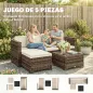 Conjunto de Jardín Exterior de Ratán 5 Piezas con Cojines 2 Sillones de Esquina Sillón sin Brazos Reposapiés y Mesa
