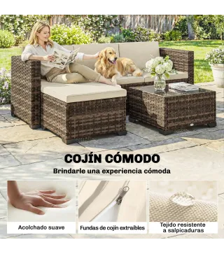 Conjunto de Jardín Exterior de Ratán 5 Piezas con Cojines 2 Sillones de Esquina Sillón sin Brazos Reposapiés y Mesa
