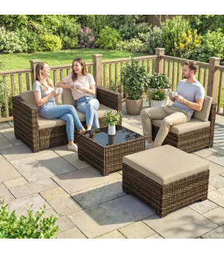 Conjunto de Jardín Exterior de Ratán 5 Piezas con Cojines 2 Sillones de Esquina Sillón sin Brazos Reposapiés y Mesa