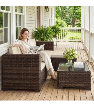 Conjunto de Jardín Exterior de Ratán 5 Piezas con Cojines 2 Sillones de Esquina Sillón sin Brazos Reposapiés y Mesa