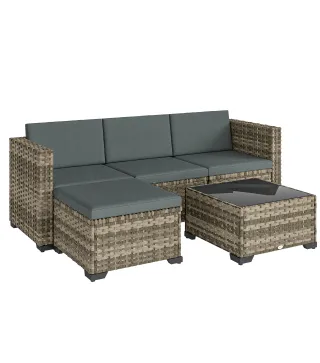 Conjunto de Jardín Exterior de Ratán 5 Piezas con Cojines 2 Sillones de Esquina Sillón sin Brazos Reposapiés y Mesa