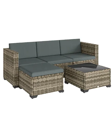 Conjunto de Jardín Exterior de Ratán 5 Piezas con Cojines 2 Sillones de Esquina Sillón sin Brazos Reposapiés y Mesa