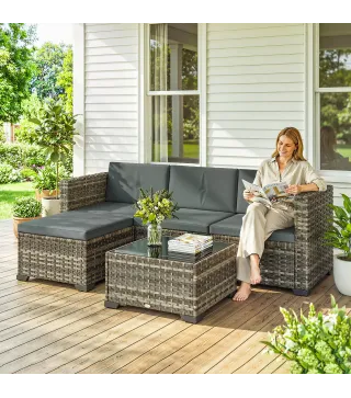 Conjunto de Jardín Exterior de Ratán 5 Piezas con Cojines 2 Sillones de Esquina Sillón sin Brazos Reposapiés y Mesa