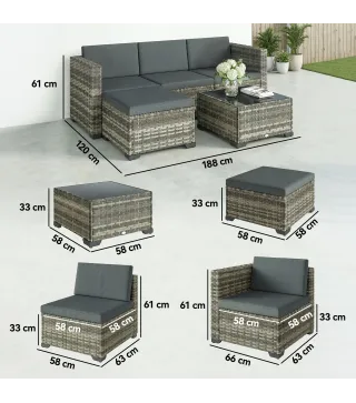 Conjunto de Jardín Exterior de Ratán 5 Piezas con Cojines 2 Sillones de Esquina Sillón sin Brazos Reposapiés y Mesa