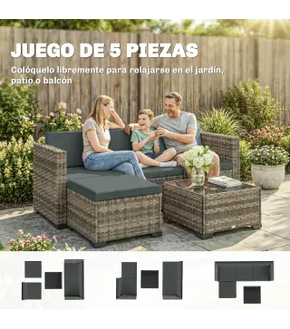 Conjunto de Jardín Exterior de Ratán 5 Piezas con Cojines 2 Sillones de Esquina Sillón sin Brazos Reposapiés y Mesa