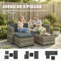 Conjunto de Jardín Exterior de Ratán 5 Piezas con Cojines 2 Sillones de Esquina Sillón sin Brazos Reposapiés y Mesa