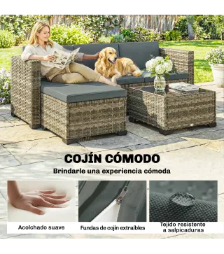 Conjunto de Jardín Exterior de Ratán 5 Piezas con Cojines 2 Sillones de Esquina Sillón sin Brazos Reposapiés y Mesa