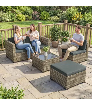 Conjunto de Jardín Exterior de Ratán 5 Piezas con Cojines 2 Sillones de Esquina Sillón sin Brazos Reposapiés y Mesa