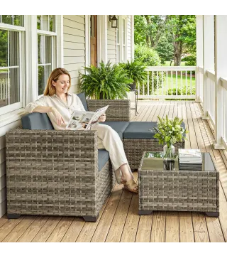 Conjunto de Jardín Exterior de Ratán 5 Piezas con Cojines 2 Sillones de Esquina Sillón sin Brazos Reposapiés y Mesa