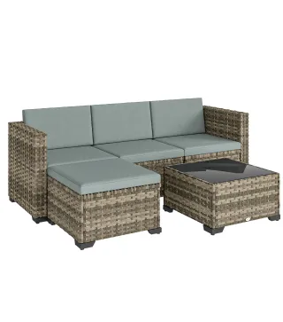 Conjunto de Jardín Exterior de Ratán 5 Piezas con Cojines 2 Sillones de Esquina Sillón sin Brazos Reposapiés y Mesa