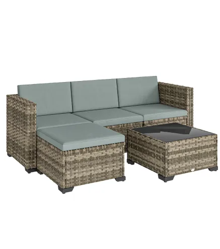 Conjunto de Jardín Exterior de Ratán 5 Piezas con Cojines 2 Sillones de Esquina Sillón sin Brazos Reposapiés y Mesa