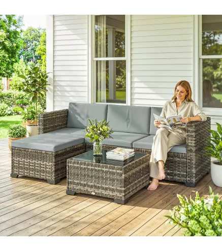 Conjunto de Jardín Exterior de Ratán 5 Piezas con Cojines 2 Sillones de Esquina Sillón sin Brazos Reposapiés y Mesa