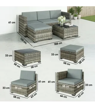 Conjunto de Jardín Exterior de Ratán 5 Piezas con Cojines 2 Sillones de Esquina Sillón sin Brazos Reposapiés y Mesa