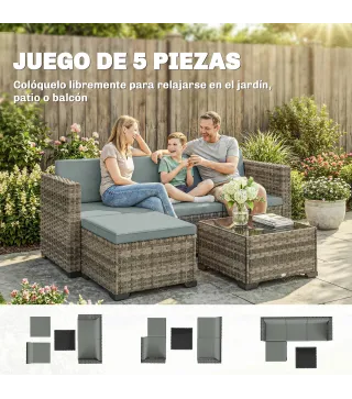 Conjunto de Jardín Exterior de Ratán 5 Piezas con Cojines 2 Sillones de Esquina Sillón sin Brazos Reposapiés y Mesa