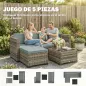 Conjunto de Jardín Exterior de Ratán 5 Piezas con Cojines 2 Sillones de Esquina Sillón sin Brazos Reposapiés y Mesa