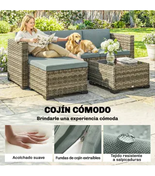 Conjunto de Jardín Exterior de Ratán 5 Piezas con Cojines 2 Sillones de Esquina Sillón sin Brazos Reposapiés y Mesa