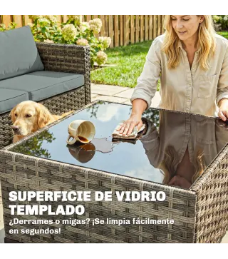 Conjunto de Jardín Exterior de Ratán 5 Piezas con Cojines 2 Sillones de Esquina Sillón sin Brazos Reposapiés y Mesa