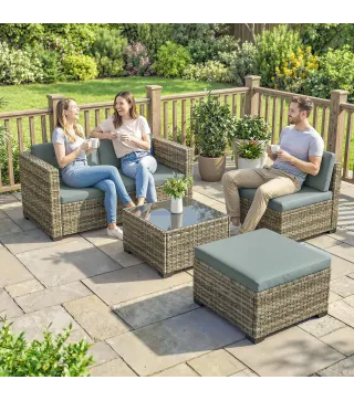 Conjunto de Jardín Exterior de Ratán 5 Piezas con Cojines 2 Sillones de Esquina Sillón sin Brazos Reposapiés y Mesa
