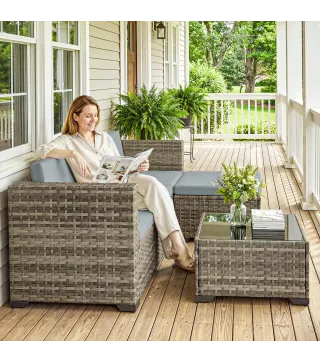 Conjunto de Jardín Exterior de Ratán 5 Piezas con Cojines 2 Sillones de Esquina Sillón sin Brazos Reposapiés y Mesa