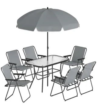 Conjunto de Mesa y Sillas Jardín de 8 Piezas con Sombrilla 6 Sillas Plegables Mesa de Vidrio Templado Gris
