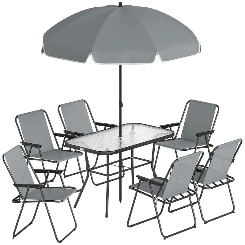 Conjunto de Mesa y Sillas Jardín de 8 Piezas con Sombrilla 6 Sillas Plegables Mesa de Vidrio Templado Gris
