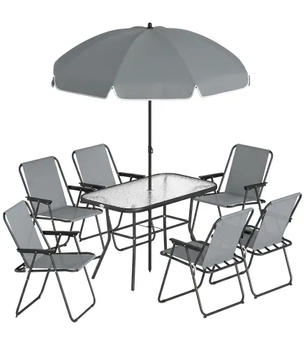 Conjunto de Mesa y Sillas Jardín de 8 Piezas con Sombrilla 6 Sillas Plegables Mesa de Vidrio Templado Gris