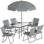 Conjunto de Mesa y Sillas Jardín de 8 Piezas con Sombrilla 6 Sillas Plegables Mesa de Vidrio Templado Gris