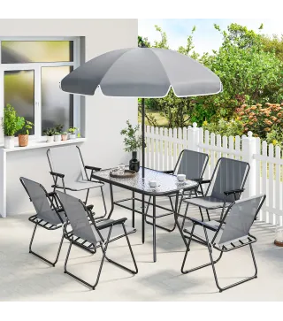Conjunto de Mesa y Sillas Jardín de 8 Piezas con Sombrilla 6 Sillas Plegables Mesa de Vidrio Templado Gris